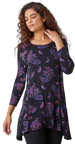 Roman Originals Swing Top with Pockets for Women UK Ladies Hanky Hem Asymmetric Tunic Blouse Longline Long Stretch Jersey Casual Round NeckTee Shirt T-Shirt - Purple - Size 18