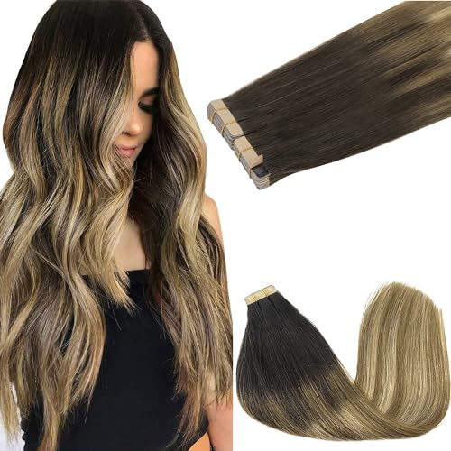 GOO GOO Tape in Hair Extensions Human Hair, 22inch 100g 40pcs, #2/6/18 | Balayage Brown to Dirty Blonde, Remy Hair, Full & Thick Volume, Long-lasting, Seamless Blend, for Fine Hair, Daily Wear