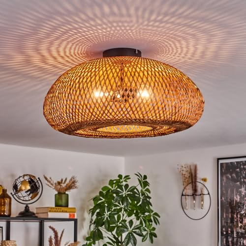 HOFSTEIN Deckenleuchte Bauro, Deckenlampe aus Metall/Bambus/Holz in Schwarz/Natur, moderne Leuchte im Boho-Design (Ø 50cm), Lichteffekt durch Gitter-Optik, 2 x E27, Wohnzimmer, Esszimmer, Schlafzimmer