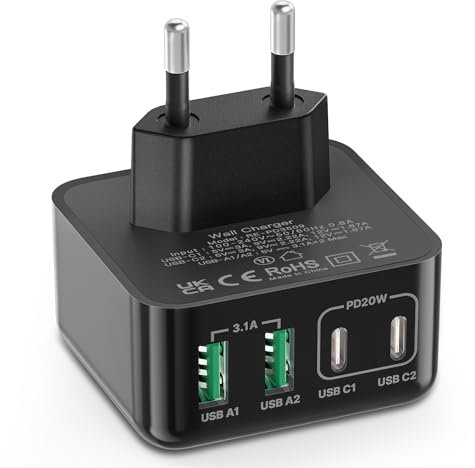 USB Ladegerät, 40W 4-Port USB C Ladegerät iPhone 15 Schnellladeblock USB C Adapter Dual Port PD+QC Wandstecker Multiport Typ C für iPhone 15 14/13/12/11/Pro Max/XS/XR/8/7/Samsung/Tablet