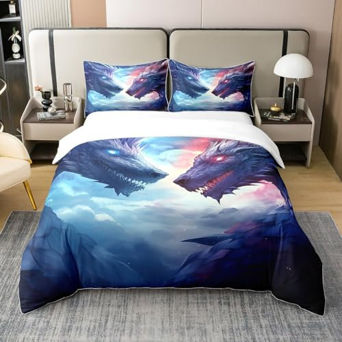 Drachen Bettwäsche Set Eis Feuer Drachen Tröster Abdeckung für Teens Zimmer Dekor,Fliegende Wildlife Muster Bettwäsche Abdeckung Blau und Rot Tier 100% Baumwolle Bettbezug 135x200% Baumwolle Bettbezug