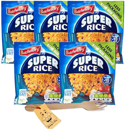 Easy to Cook Meal Which Includes: 5x Batchelors Savoury Instant Rice Curry Flavour (90g each) Bundled With 1 x Wooden Fork (Disposable) by Donny & Dev