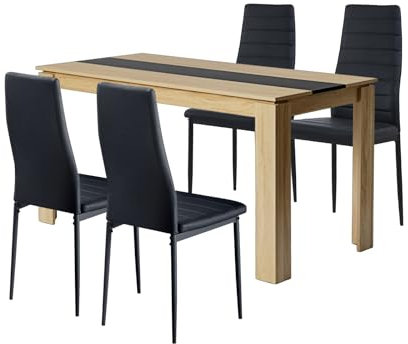 FURNITABLE Esstisch mit 4 Stühlen Esszimmergruppe, 4er Set Esszimmerstühle und Rechteckig Holztisch Essgruppe für Wohnzimmer Küche Büro (140 * 70cm Tisch+4 Schwarz Stühle)