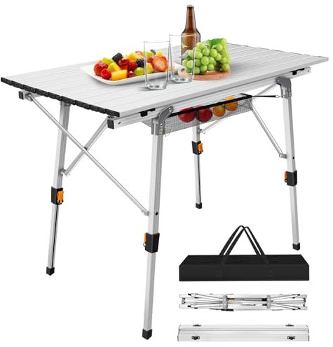 Outdoor Folding Aluminium Garden Picnic Table - Foldable Roll Up Table Top with Adjustable Height - Portable for 4 Person Dining