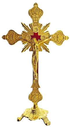 10 Standing Crucifix with Base Tabletop Catholic Jesus Crucifix Antique | Metal Gold Cross for Home Chapel Decoration Religious Gifts