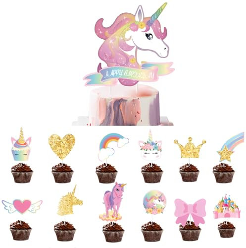 EIHI Einhorn Tortendeko Essbar, Einhorn Cupcake Deko, Kuchendeko, Cake Topper, Tortendeko Mädchen, Tortendeko Einhorn, Einhorn Muffin Deko, 13 Stück