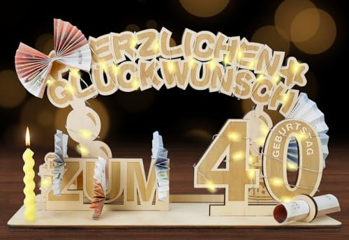 SALUOKE 40 Geburtstag Geldgeschenke mit LED Lichterkette, Geschenke zum 40 Geburtstag Frau & Mann, Holz 40. Geburtstag Deko