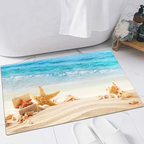 EMFSLA rutschfest Badezimmer Badeteppiche,Weich Hochflor Saugfähig Badvorleger Waschbar Flauschige Mikrofaser Badematte,Muscheln-Set, Sommerstrand-Thema und Sand mit Seestern-Muschelstrahlen,60x90 cm