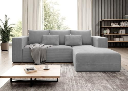 Easy4You Ecksofa Grau Stripes L-Form in Kord – 255 cm - Schlafsofa mit Bettzeugbehälter und Schlaffunktion - Eckcouch mit Stauraum - Rechts – Stoff Kord POSO 55