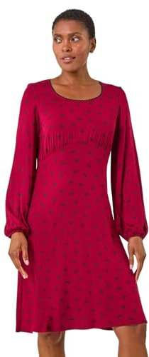 Roman Originals Women Gathered Chest Dress Ladies Stretchy Fit & Flare Swing Tea A Line Skater Knee Length Long Sleeve Midi Smart Casual Work Going Out Cocktail Party - Wine - Size 20