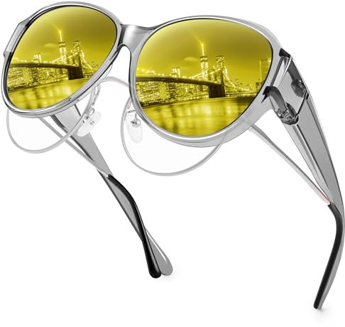 URUMQI Nachtsichtbrille für Autofahrer Damen Polarisierte Nachtbrille zum Autofahren Anti-Blendung HD Gelb Gläser Überzieh Nachtsichtbrille Ultra Leicht Glänzend Grau Rahmen
