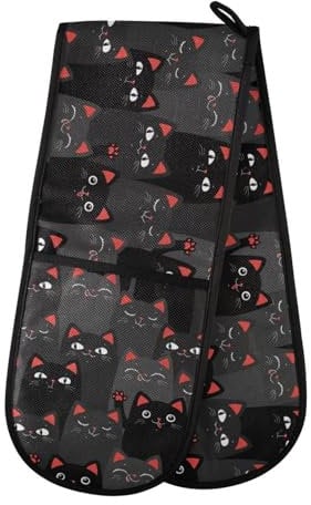 Double Oven Gloves Heat Resistant Funny Animal Cat Double Oven Mitts Pot Holder Heat Protection Oven Gloves for Home Kitchen Baking Cooking BBQ Microwave