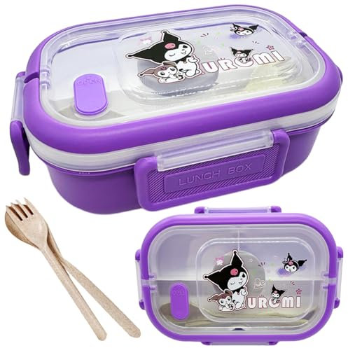 OZXVXZO Kurromi Lunch Box Bento Box Fiambrera Infantil y Adultos con 3 Compartimentos y Cubiertos 1000Ml Caja de Almuerzo de Plástico Caja de Alimentos sin BPA, Para microondas