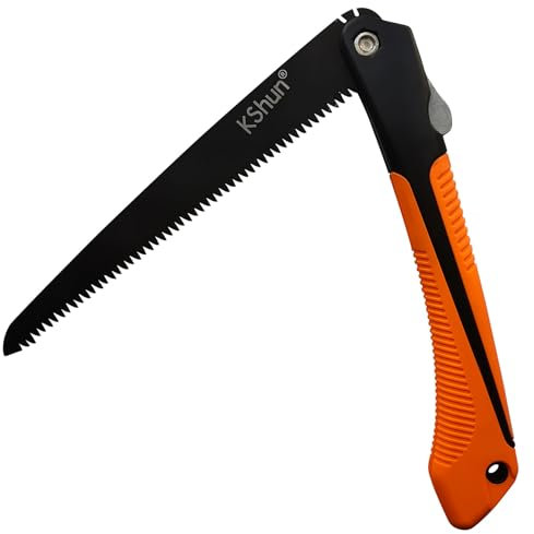 Scie à main pliante de jardin - Lame de 25 cm - Épaisseur : 1,1 mm - Acier SK85 - 3 côtés - Dents aiguisées - 6 TPI - Randonnée - Camping - Survie en plein air - Coupe du bois - Débarrassement des