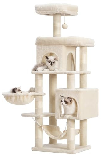 Heybly Kratzbaum, 145 cm Hoher Mehrstöckiger Kratzstamm-Kletterturm, Ausgestattet Mit 2 Großen Plattformen, 1 Großer Hängematte, Einem Katzenkorb, Ballspielzeug Und Katzennestern, Beige HCT016M