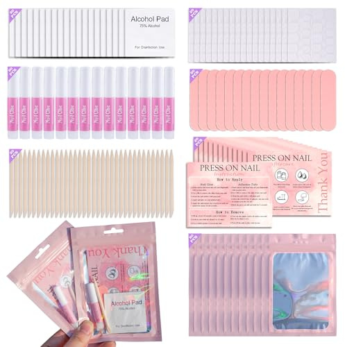 Disposable Nail Supplies Kits(140pcs20set-pink) | Professional Manicure Press On Nail Tool Kit with Nail File,Adhesive Tabs,Nail Glue,Sticks, Prep Pads,Bags,Cards