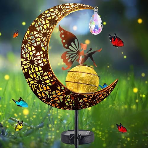 Mond Solarleuchten Garten,Freien Solarlampe für Außen,LED Glaskugel Gartenleuchte,Elfe Blumenfee Solarleuchte,Solarleuchte mit Erdspieß,Metall Mond Solar Gartenleuchte,Wasserdichte Wegeleuchte