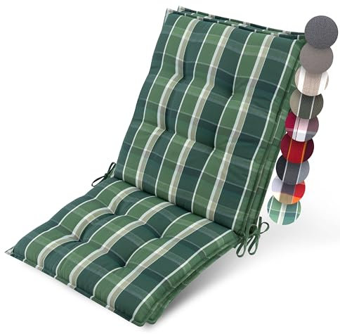 Beautissu 2er Set Premium Niedriglehner Auflage Gartenstuhl 100x50cm Sun-NL – 8cm Dick Polster Gartenstuhlauflage rutschfest Befestigungsbänder UV-Lichtechtheit 5 – Robust Stoff Grün kariert