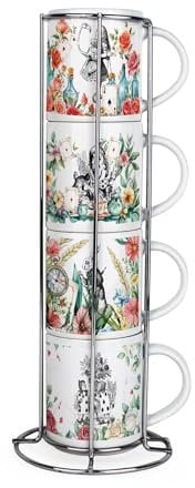 Purely Home Alices Adventures in Wonderland Stacking Mugs Set - Hatter White Rabbit Playing Cards Gift - Set of 4 Ceramic Mugs Gift Set with Metal Stand