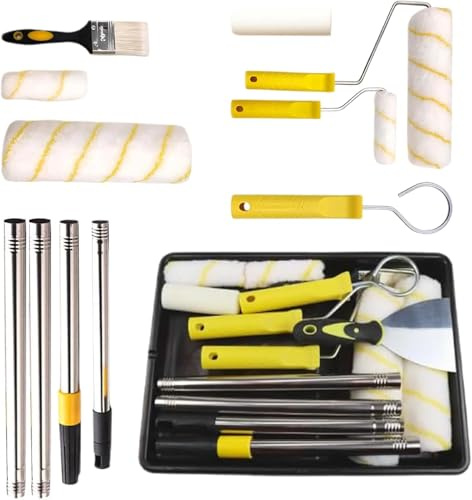 Paint Roller Set Paint Rollers and Trays Sets with Extension Pole, Wall Paint Roller, Paint Brush and Rollers for Painting Home Painting Kit for Painting Walls, Ceiling, Doors, Trim (Yellow)
