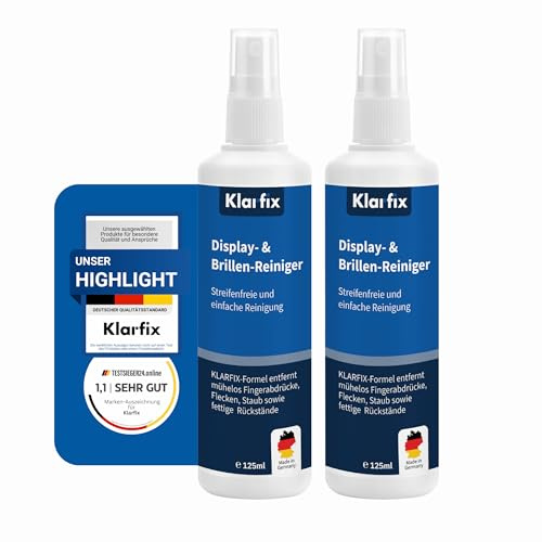Klarfix Display- & Brillen-Reiniger | Spezial-Reiniger für streifenfreie Sauberkeit auf Brillen, Smartphones, Tablets, Laptops & Displays | Für unterwegs & zuhause | Made in Germany (2x 125ml)