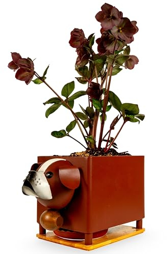 Made Easy Kit Animal Planter Box – Metal Plant Pot with Drainage, Drip Tray & Wooden Base – Indoor Outdoor Cute Garden & Yard Décor - All Weather Durable (Brown Dog)