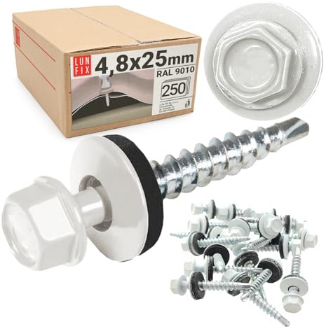 250x Vis autoforeuse metal 4,8x25 mm | RAL 9010 blanc pur | vis autoperforante avec rondelles metal | vis à bois, vis bac acier, tirefond | Lun Fix