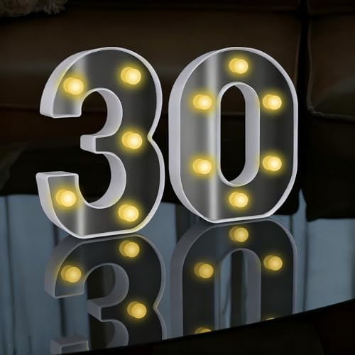 LED Light Up Numbers Sign, LED Number Lights, Cool & Warm Light up Numbers for 30th Birthday Decorations, for Birthday Party Night Lights Anniversary Backdrop Home Decor (White-30)