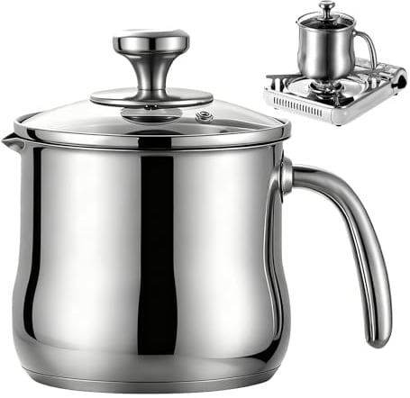 Pot Au Lait Avec Bec Acier,2L Marmite En Acier Inoxydable,Casserole Avec Couvercle En Verre,Pichet A Lait En Acier Inoxydable Pour Sauces,Lait De Cuisson,Sauce,Pâtes,14 cm,Couvercle Avec Trou Vapeur