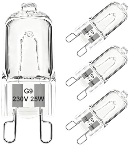 4 Piezas Bombilla Halógena G9 25W 230V, Bombilla Halógena para Horno, Microondas, Lámpara Cocina, Resistente al Calor 300°C Luz Blanca Cálida 360°, Vida útil Hasta 2000 Horas Eficiencia Energética G