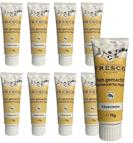 FRESCO Dog Käsecreme Hunde Tube 9x75g | Hundeleckerli getreidefrei | Zuckerfrei & vegetarisch | Mit Edamer, Karotten, Kürbis & Kartoffel | Hunde Leckerlis fürs Hundetraining | Aus Deutschland