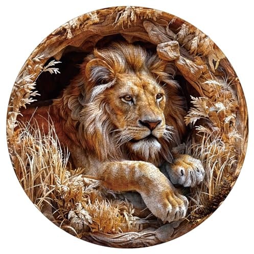 KaayeeWood Puzzle 1000 Teile,Puzzles für Erwachsene Visuell 3D Löwe Klassische Runden Puzzles, Puzzlespiele für Die Ganze Familie, Home Decor und Geschenkide(67.5 * 67.5cm)