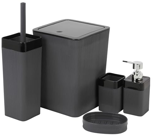 URBNLIVING 5pcs Luxury Plastic Bathroom Accessories Set Beige Grey Modern Bin Soap Dispenser Toothbrush Holder Soap Dispenser WC Brush (Black)
