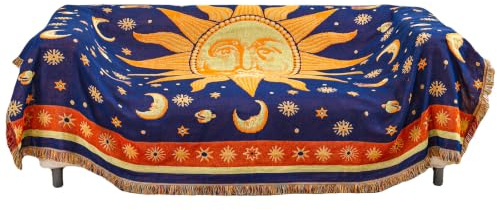 HOORDRY Sonne und Mond Sofadecke Sofaüberwurf mit Fransen 340x180CM | Boho Doppelseitig Dekorative Baumwolle Decke,Geeignet als Sofaüberwurf für 3-4 Sitzer,Sofabezug oder Teppich