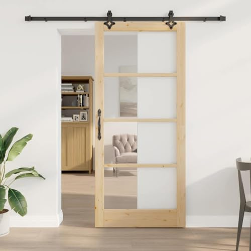 Porte coulissante ORKDAL en bois de pin massif naturel et verre noir 93 x 211 cm pour intérieur salon chambre cuisine design moderne fonctionnel gain de place durable