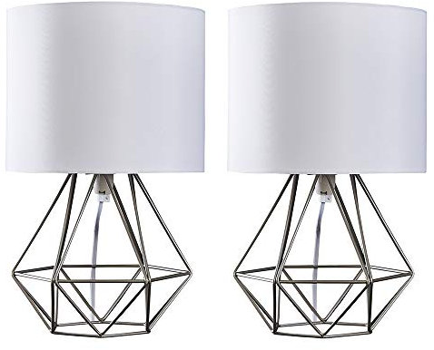 MiniSun | Modern Brushed Chrome Metal Basket Cage Bed Side Table Lamps with White Fabric Shades | Table Lamps, Home Décor & Improvement Essential | Set of 2
