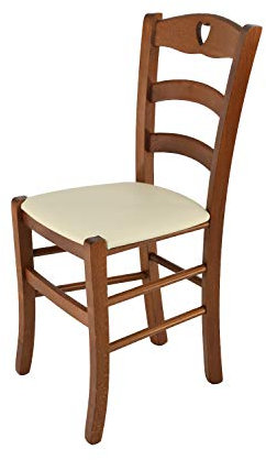 t m c s Tommychairs - Chaise Cuore pour Cuisine, Bar et Salle à Manger, Robuste Structure en Bois de hêtre peindré en Noyer Clair et Assise rembourrée et revêtue en Cuir Artificiel Couleur Ivoire