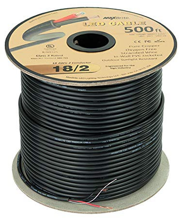 500 ft. 18AWG Low Voltage LED Cable, 2 Conductor, Outdoor Rated, Black Sleeve in-Wall Speaker Wire UL/cUL Class 2, Sunlight Resistant