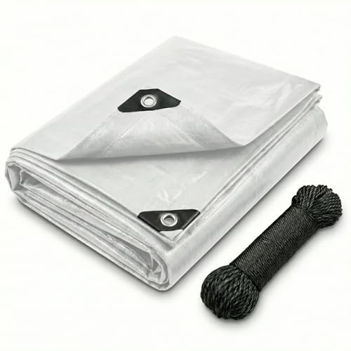CoverUp! Bâche 6.0 x 10.0 – Toile Renforcée 120 g/m² – Étanche & Indéchirable – Œillets INOX + Corde 34 m – Idéale pour Jardin, Camping, Bois – Blanc