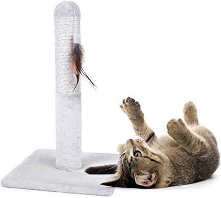 Petface Cat Scratch Post with Feather for Cats or Kittens, Cream, 48.5H x 30W x 30D cm