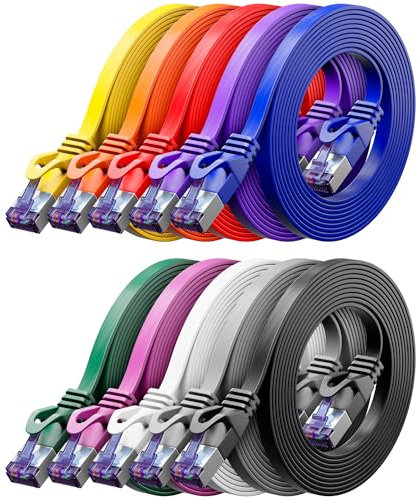 deleyCON 10x 0,25m Plano CAT7 Cable de Red (CAT 7 con 10 Gbit/s) Gigabit LAN - RJ45 Ethernet Corto Cable de Conexión Plano - para Internet Conmutador Enrutador Módem Panel de Conexiones - Colores