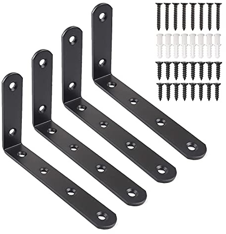 Set di 4 staffe per mensole, a forma di L, per mensole in metallo, viti e tasselli da parete, ad angolo retto, per tavolo, libreria, legno, finestre, 125 mm x 75 mm