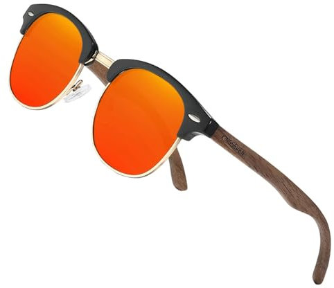 KINGSEVEN Holz Halbrandlose Polarisierte Sonnenbrille Herren & Damen Brillen Klassisches Retro Vintage Design N5516 (N5516-Red)