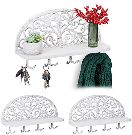 Relaxdays 3 x Wandgarderobe mit Ablage, Antik Design, 4 Doppelhaken, Schlüsselbrett, Gusseisen, HBT: 23x39x11,5 cm, weiß