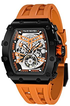 TSAR BOMBA Luxus Herren Automatik Mechanische Uhr Kohlefaser/Gehäuse aus Keramik/Fluorkautschuk/Tonneau-Uhr/Leuchtend/Elegante Geschenke für Männer