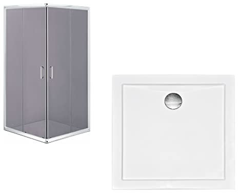 VBChome Cabine de douche 90 x 90 - Chrome - Avec bac de douche - En verre graphite - Avec entrée d'angle - Pour porte coulissante - En verre de sécurité - Moderne et élégant - Qualité supérieure