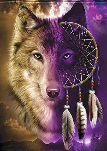 Kreuzstich-Set, 11-fädig, gestempelt, Meecaa Traumfänger Tier Wolf Stickset mit Zubehör, vorgedruckt (36 cm x 46 cm) (Wolf)