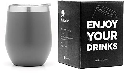 balibetov Vaso Termo para Vino con Tapa (355ml) - Vaso Termo de Vino para Llevar - Taza Termica para Llevar Café, Té, Vino, Cerveza y mas - para Frio y Calor (Gris)