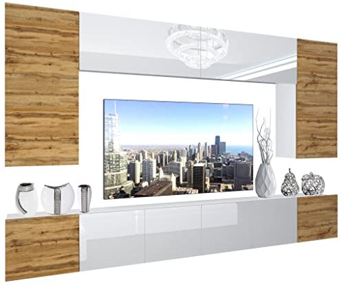 BELINI Wohnwand Vollausstattung Wohnzimmer-Set Moderne Schrankwand mit LED-Beleuchtung Anbauwand TV-Schrank Eiche Wotan/Weiß