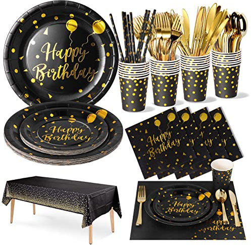 Nkaiso Cumpleaños Vajilla de Fiesta,161 Pcs Negro Dorados Vajilla Set Platos Fiesta Tazas Servilletas Cuchillos Tenedores Cuchara y Mantel, para todo tipo de Fiestas Temáticas -20 invitados
